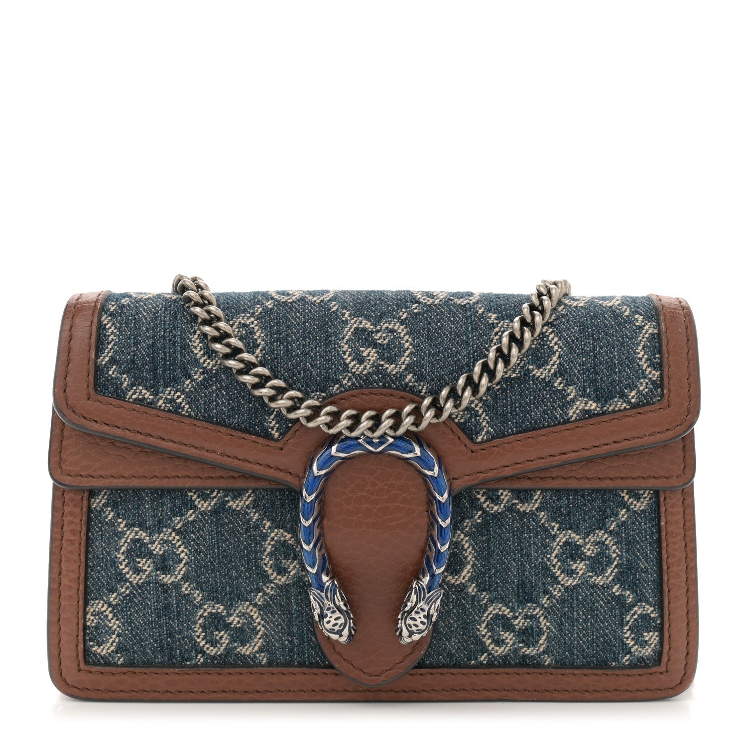 New Denim GG Monogram Dollar Calfskin Enamel Super Mini Dionysus Shoulder Bag Blue Tea Cuir Epilog Electric Blue