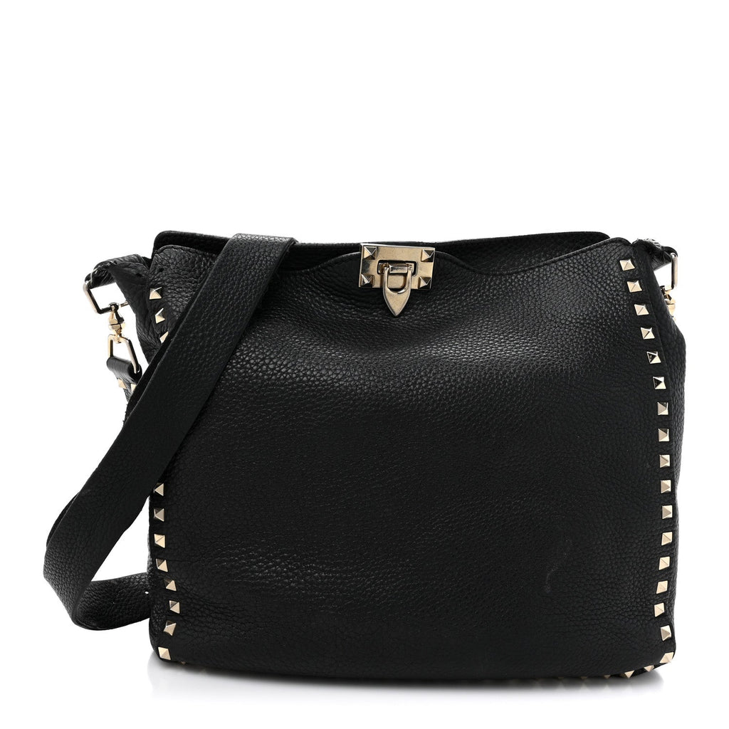 Pebbled Calfskin Small Rockstud Flip-Lock Messenger Bag Black