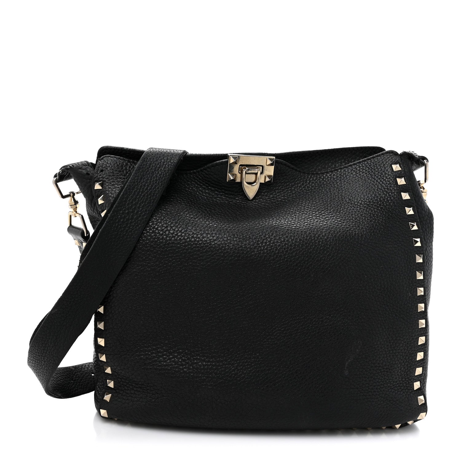 Pebbled Calfskin Small Rockstud Flip-Lock Messenger Bag Black