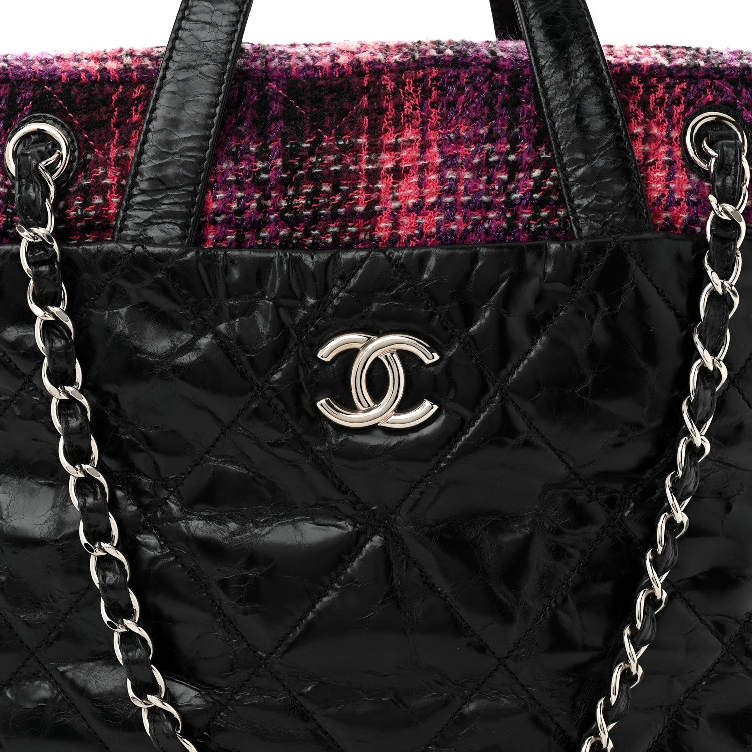 Glazed Calfskin Quilted Tweed Portobello Tote Black Pink