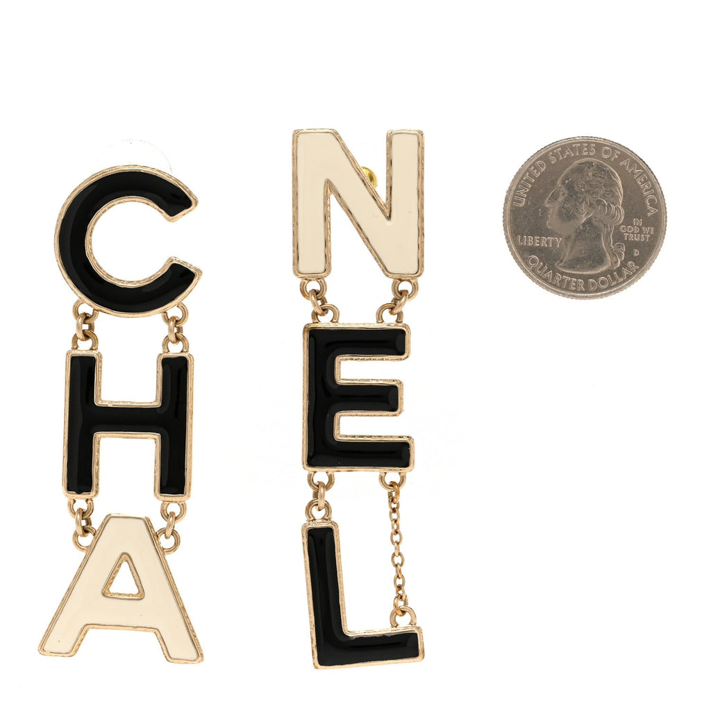 Metal Enamel Cha-Nel Logo Drop Earrings Black White