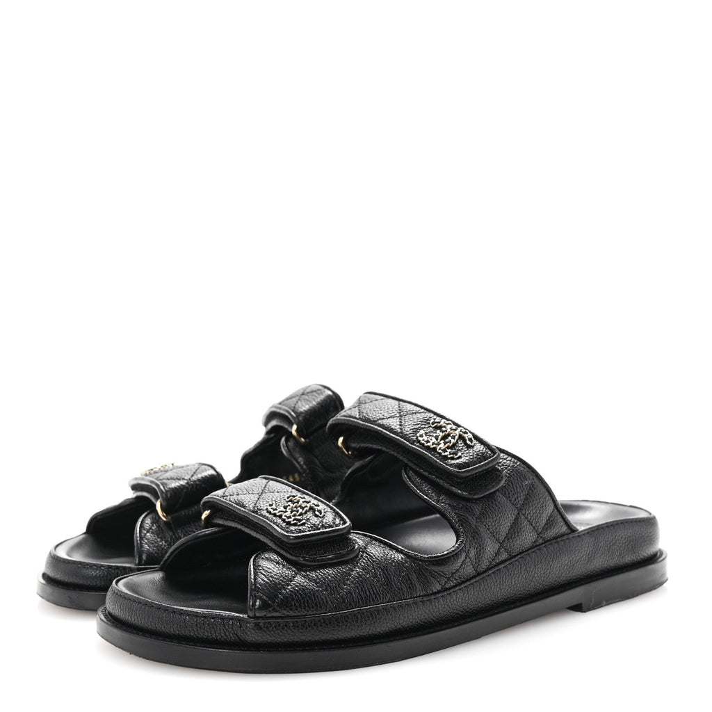 Grained Calfskin Quilted Velcro Dad Chain CC Slide Sandals 40 Black