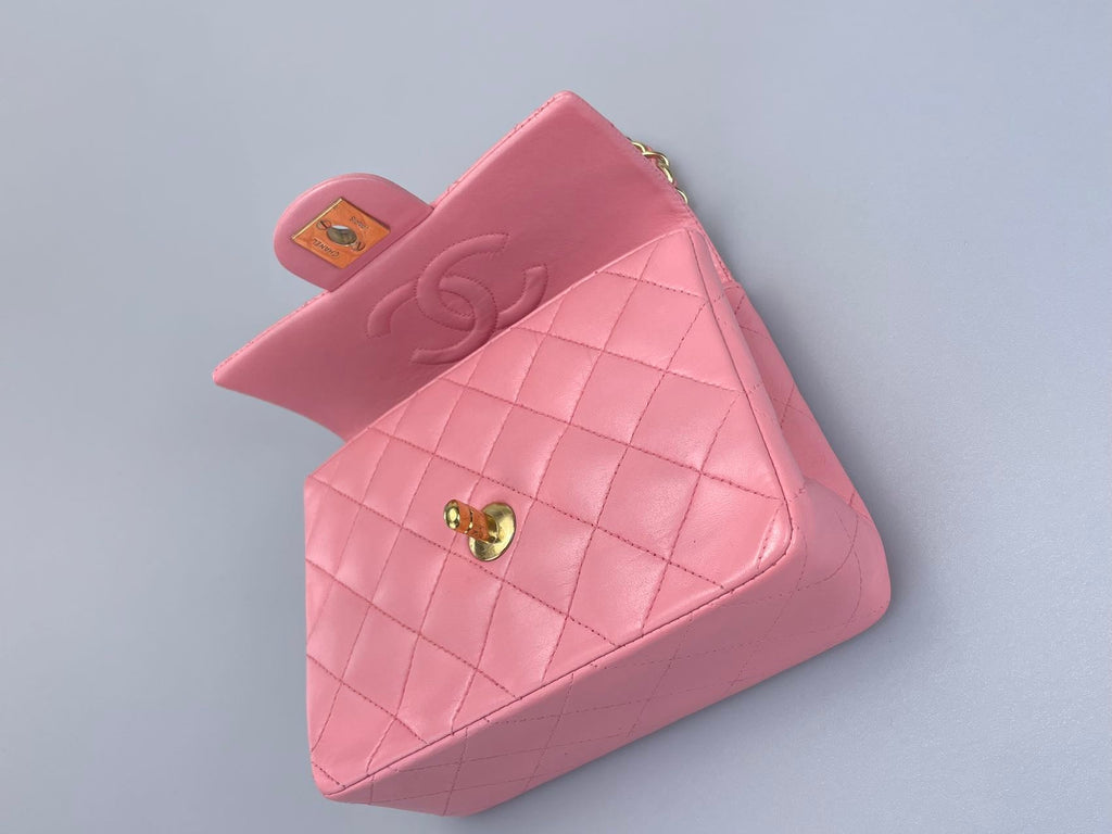 Chanel Vintage Rose Pink Classic Mini Square Flap Bag in Lambskin with Gold Hardware