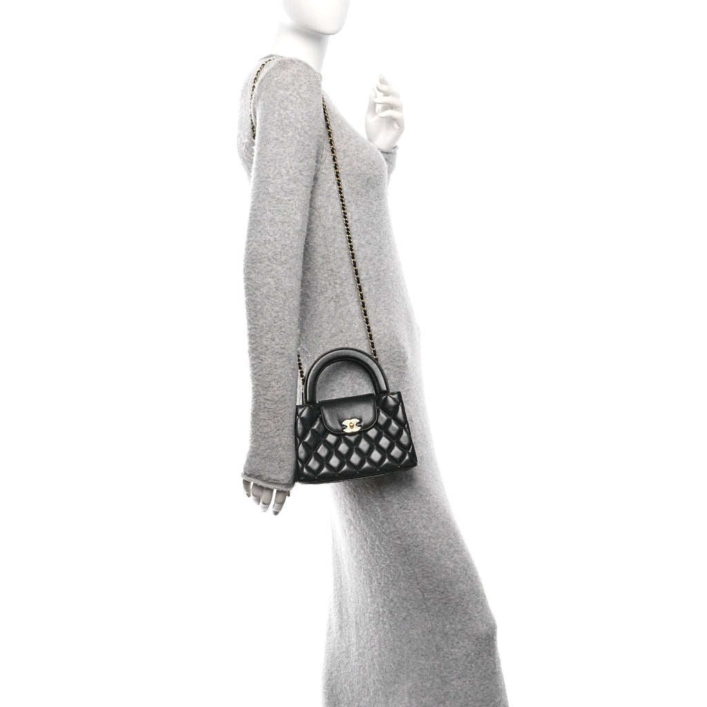 Shiny Aged Calfskin Quilted Nano Kelly Shopper Black