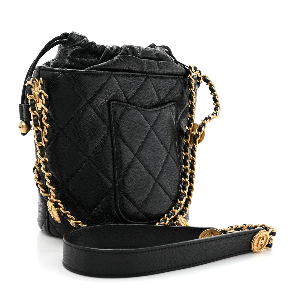 Caviar Quilted Twist Your Buttons Bucket Bag Black
