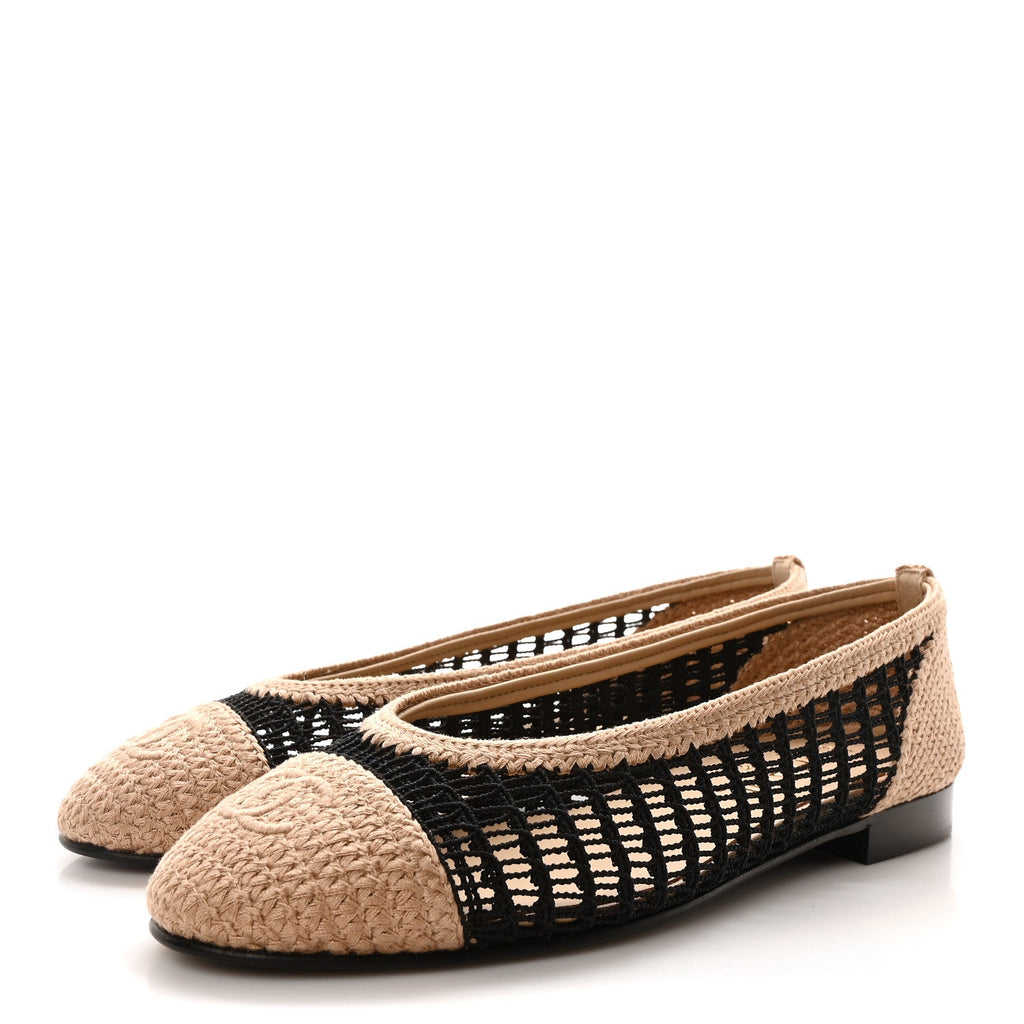 Raffia Cap Toe Ballerina Flats 37 Black Beige
