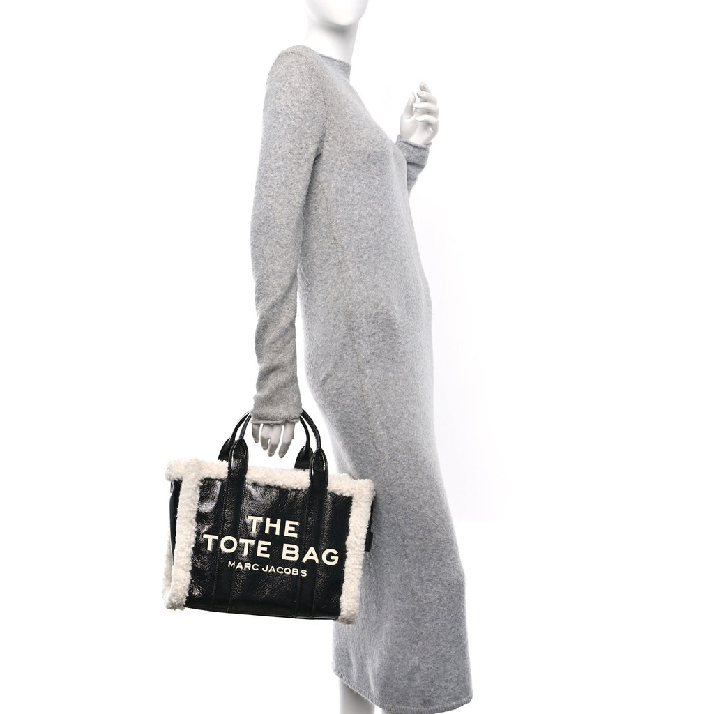 Shiny Calfskin Faux Shearling Small The Traveler Tote Bag Black