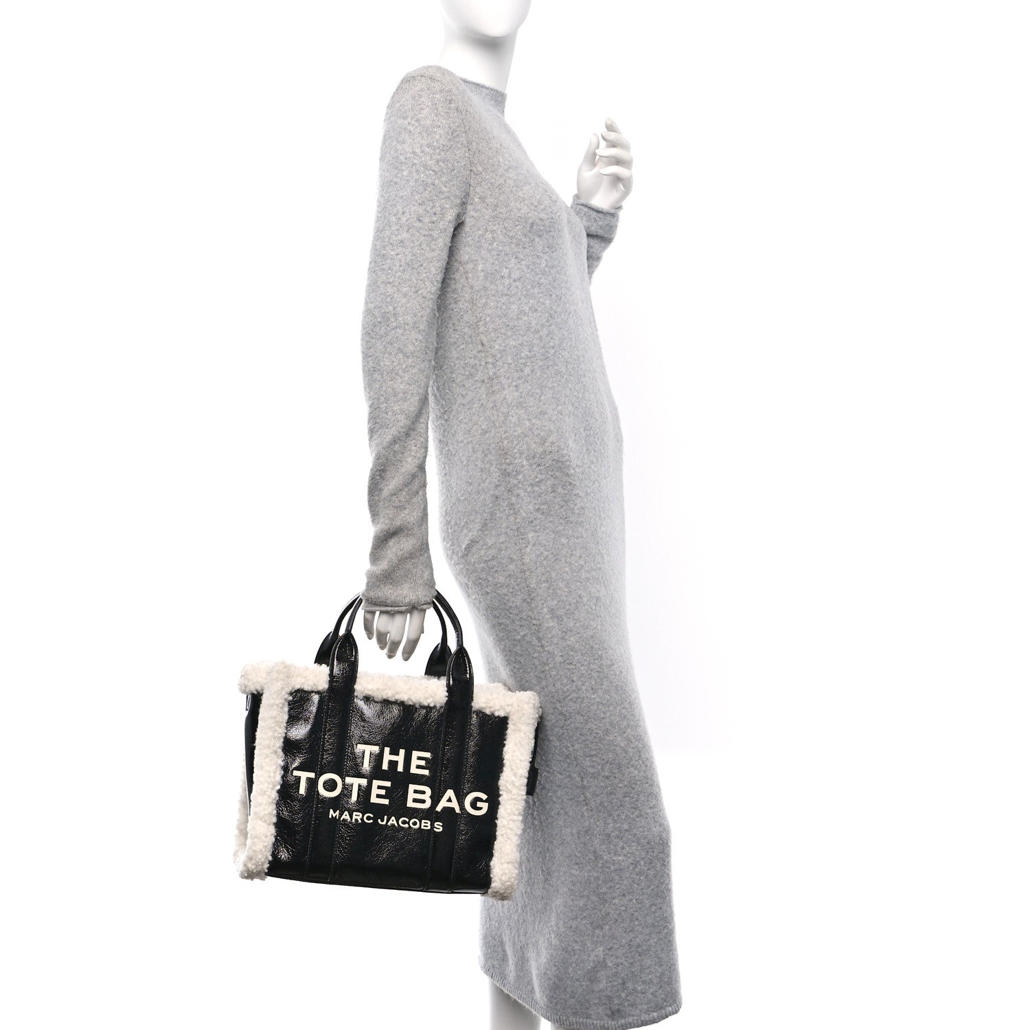 Shiny Calfskin Faux Shearling Small The Traveler Tote Bag Black