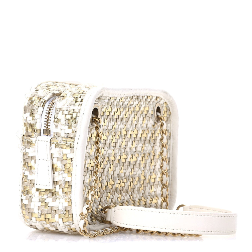 Metallic Lambskin Viscose Woven Small Camera Case White Gold