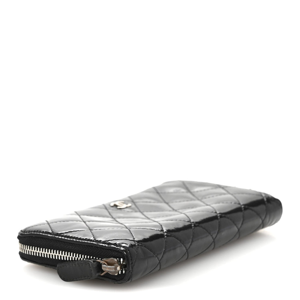 Patent Quilted Large Gusset Zip Around Wallet Black