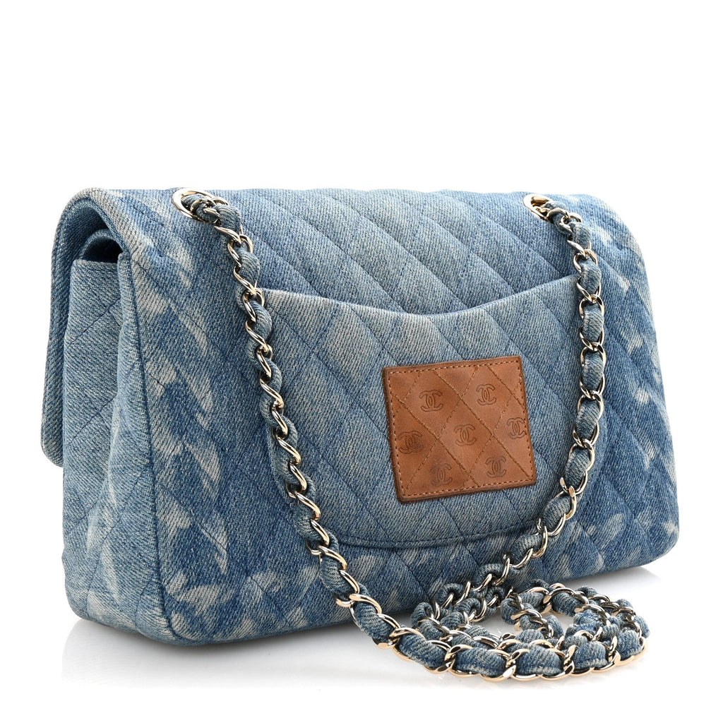 Denim Quilted Medium Double Flap Blue