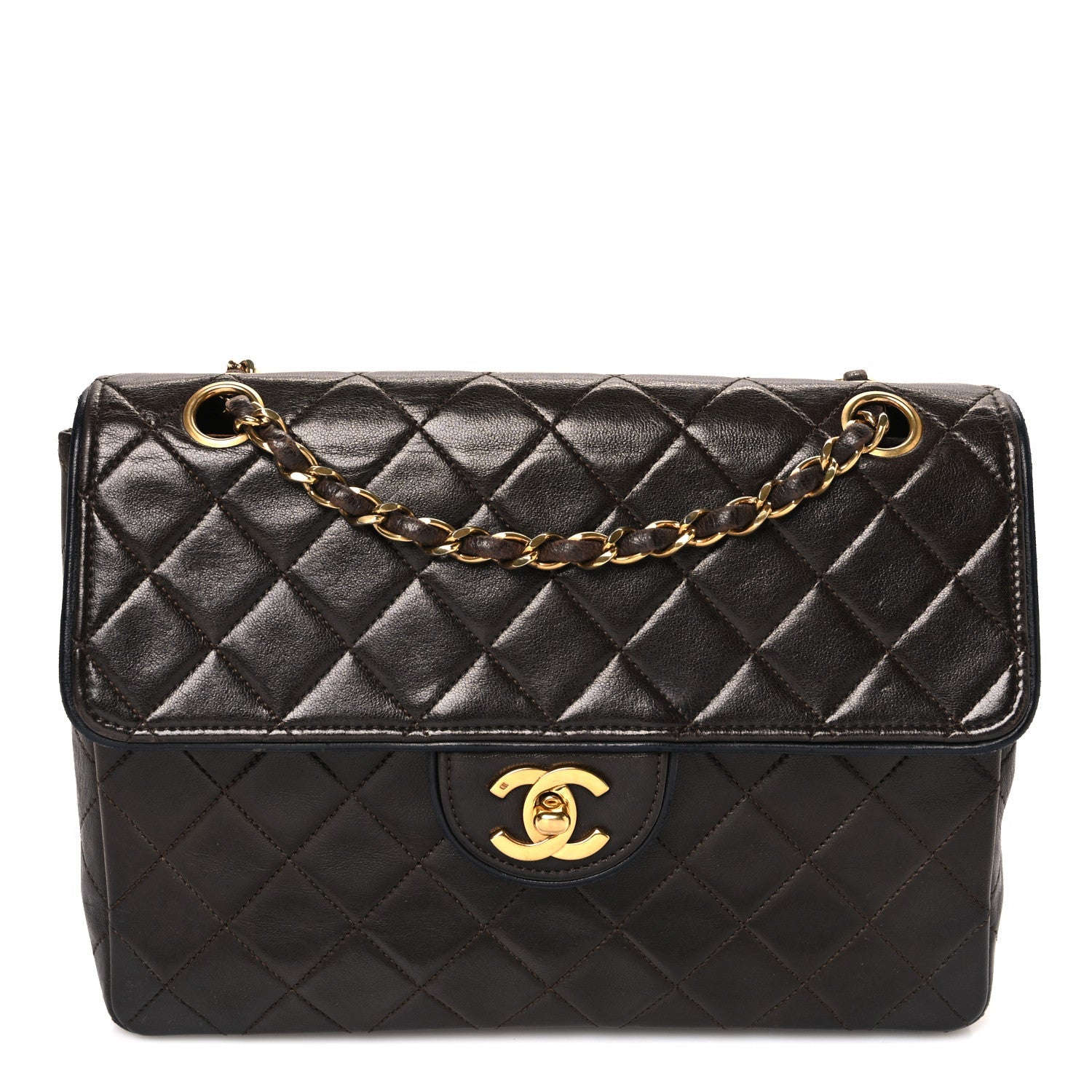 Lambskin Quilted Bi-Color Small Single Flap Dark Brown