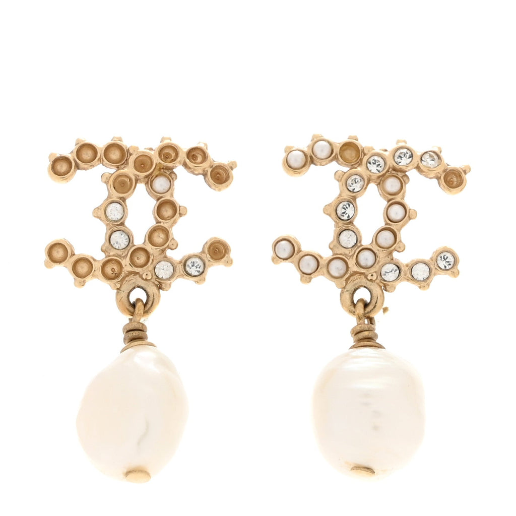 Pearl Crystal CC Drop Earrings Gold