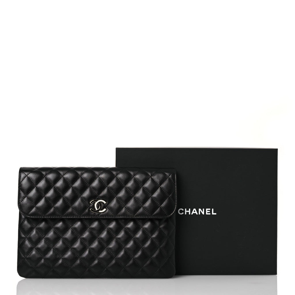 Lambskin Enamel Quilted Document Portfolio Holder Black