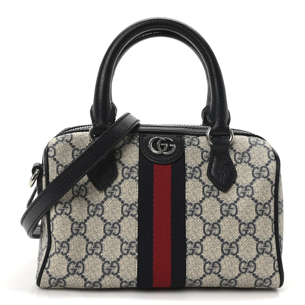 GG Supreme Monogram Textured Dollar Calfskin Web Mini Ophidia Top Handle Bag Beige Blue