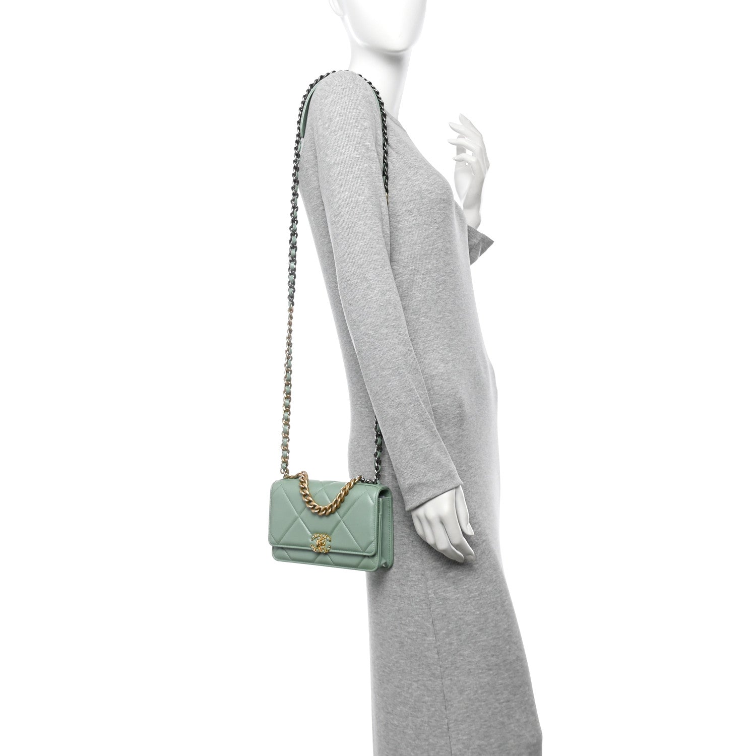 Shiny Lambskin Quilted Chanel 19 Wallet On Chain WOC Light Green
