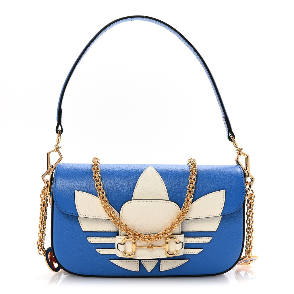 X ADIDAS Textured Dollar Calfskin Web Trefoil Mini Horsebit 1955 Shoulder Bag Blue Off White