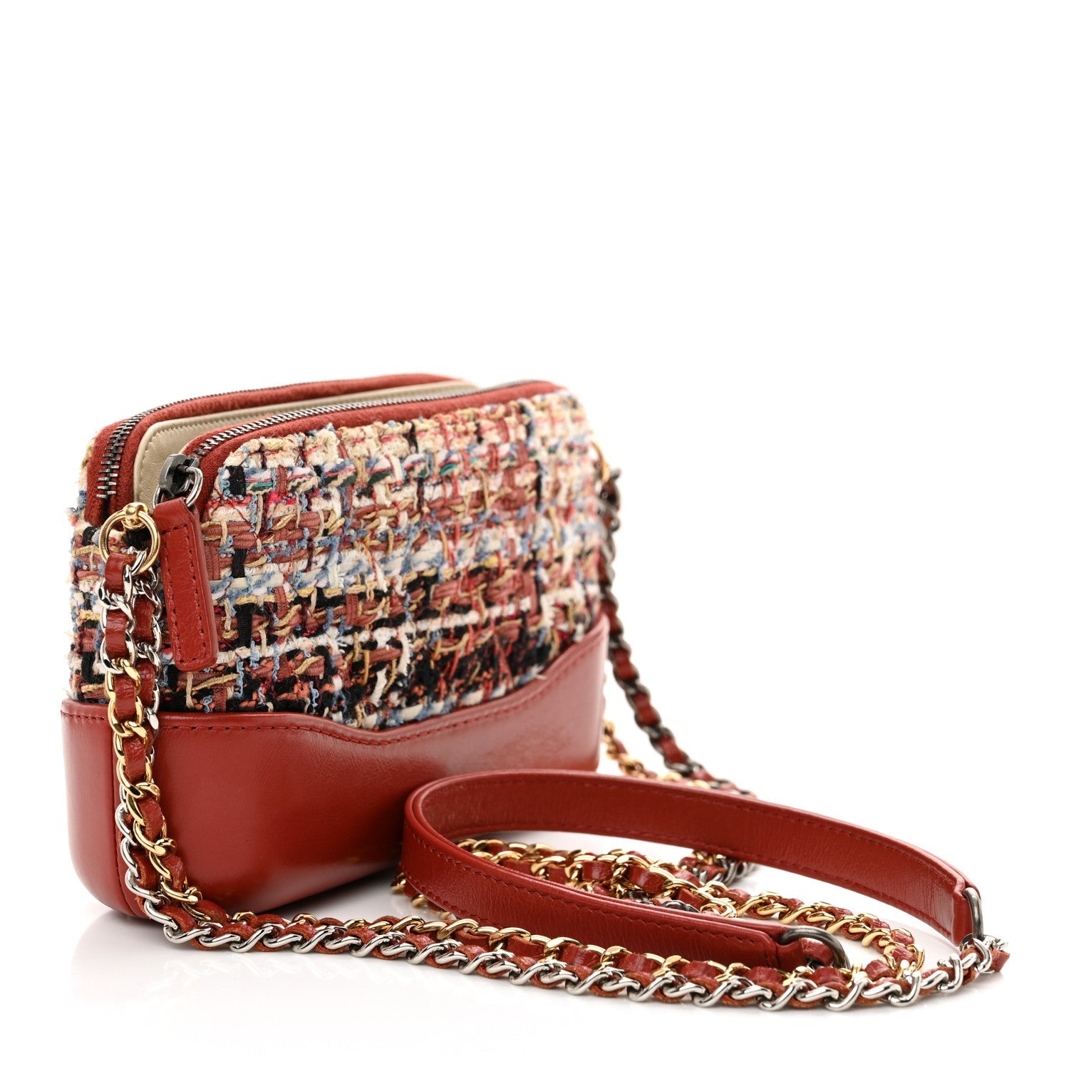 Tweed Calfskin Small Gabrielle Clutch With Chain Red