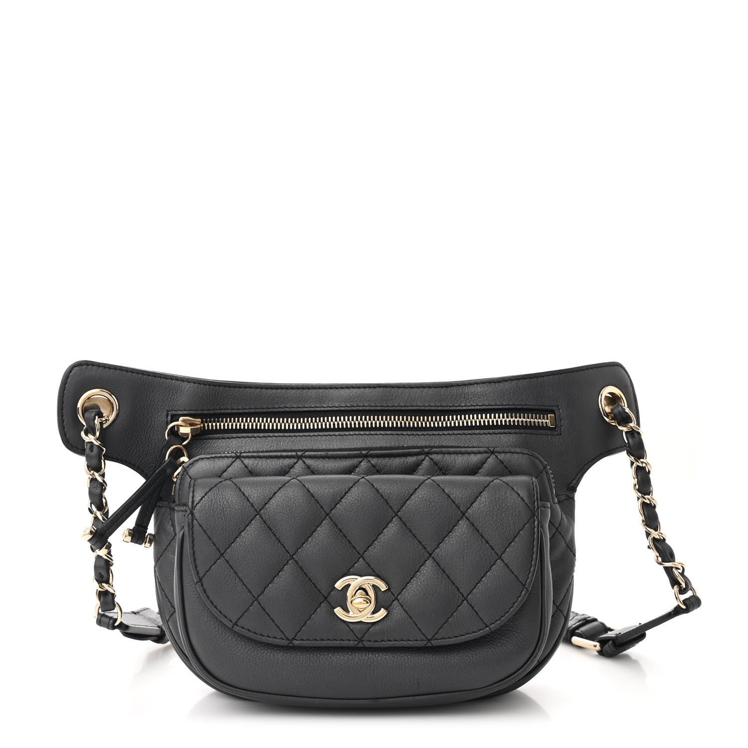 Calfskin Flap Chain Waist Bag Black