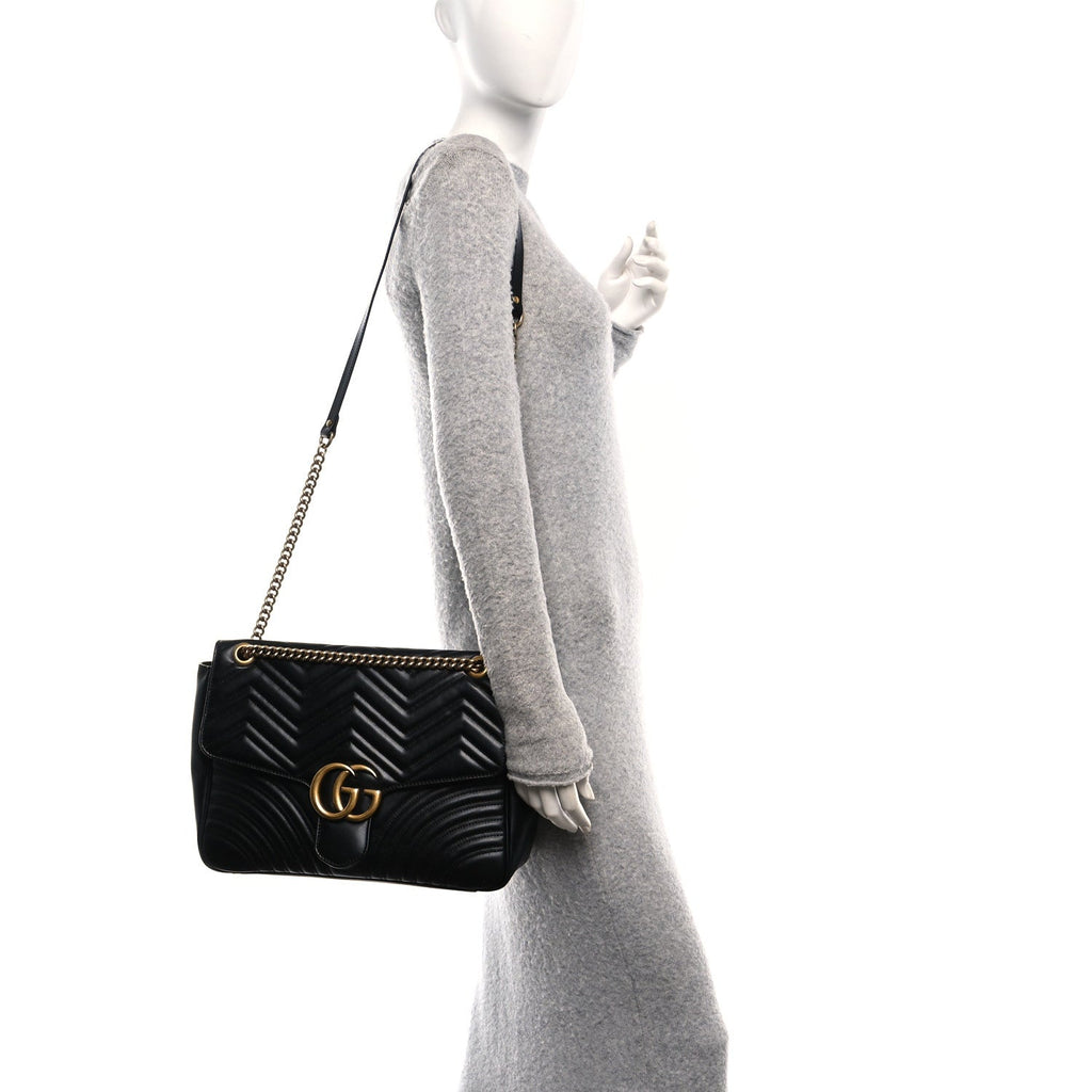 Calfskin Matelasse Large GG Marmont Top Handle Shoulder Bag Black