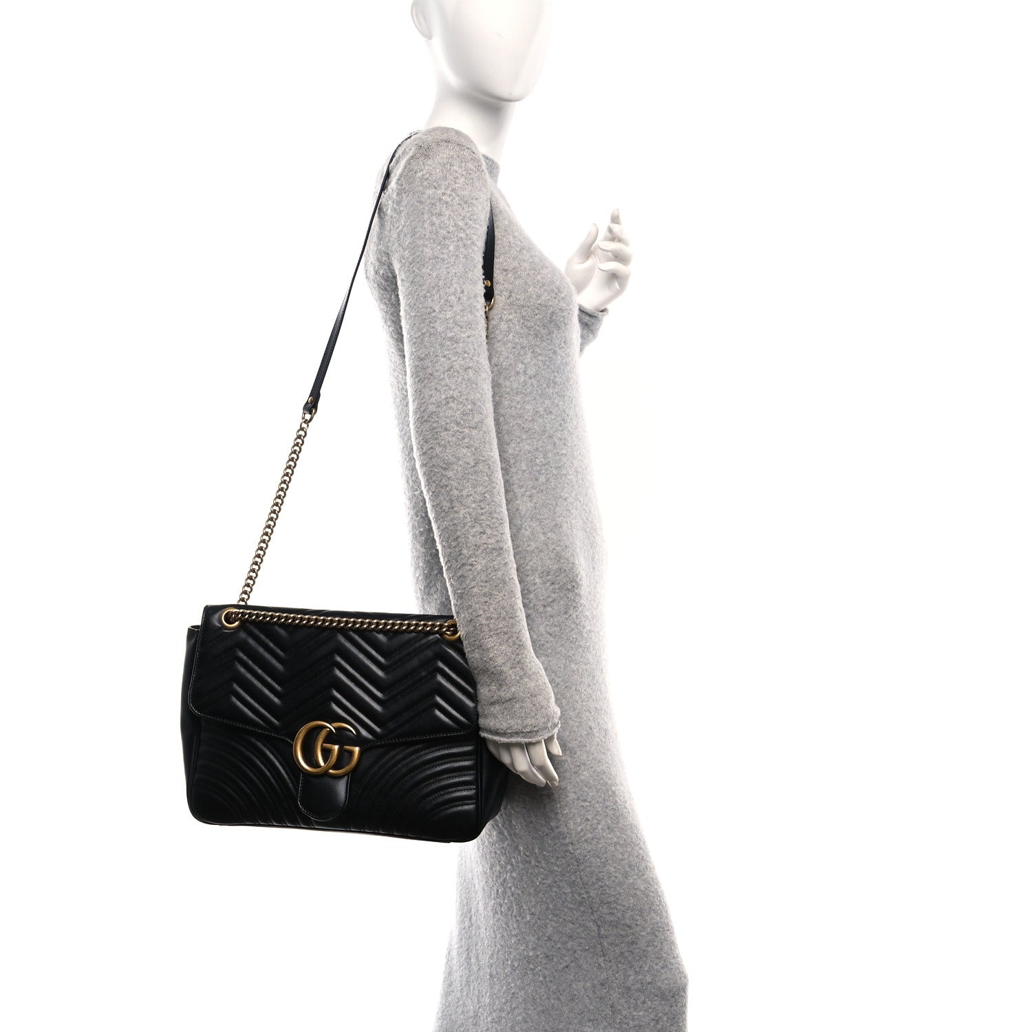 Calfskin Matelasse Large GG Marmont Top Handle Shoulder Bag Black