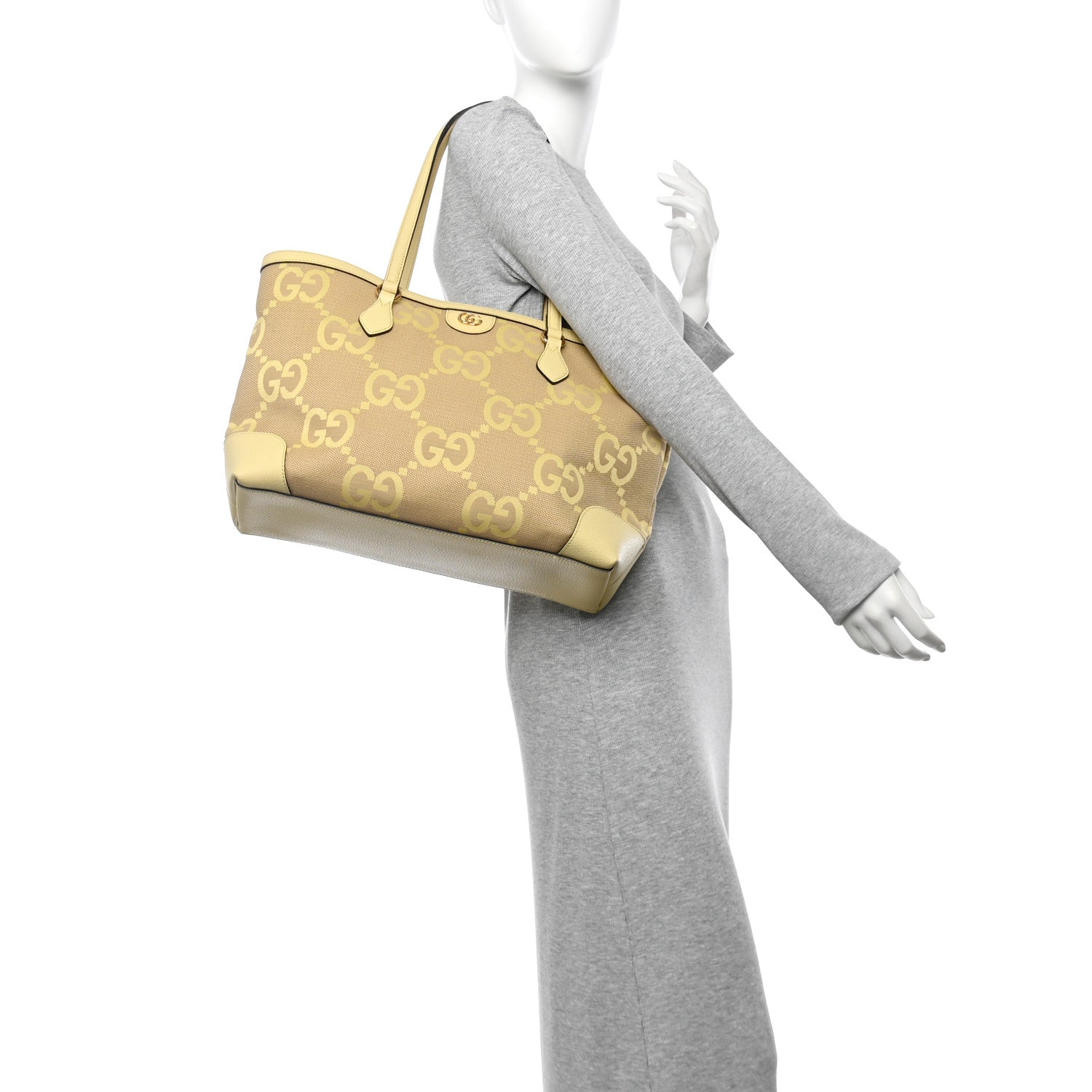 Monogram Jumbo GG Textured Dollar Calfskin Medium Ophidia Shopping Tote Beige Yellow