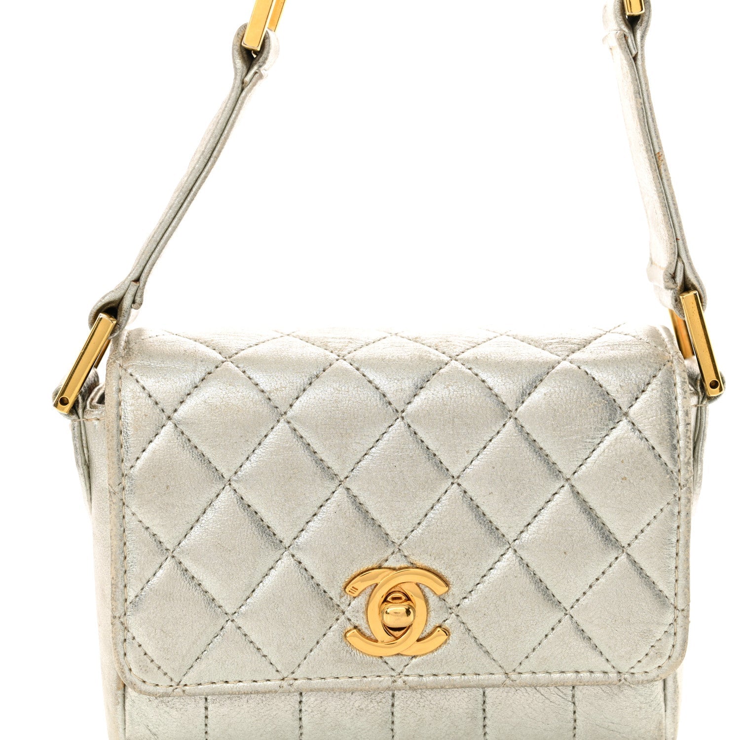 Metallic Goatskin Quilted Square Flap Shoulder Bag Silver