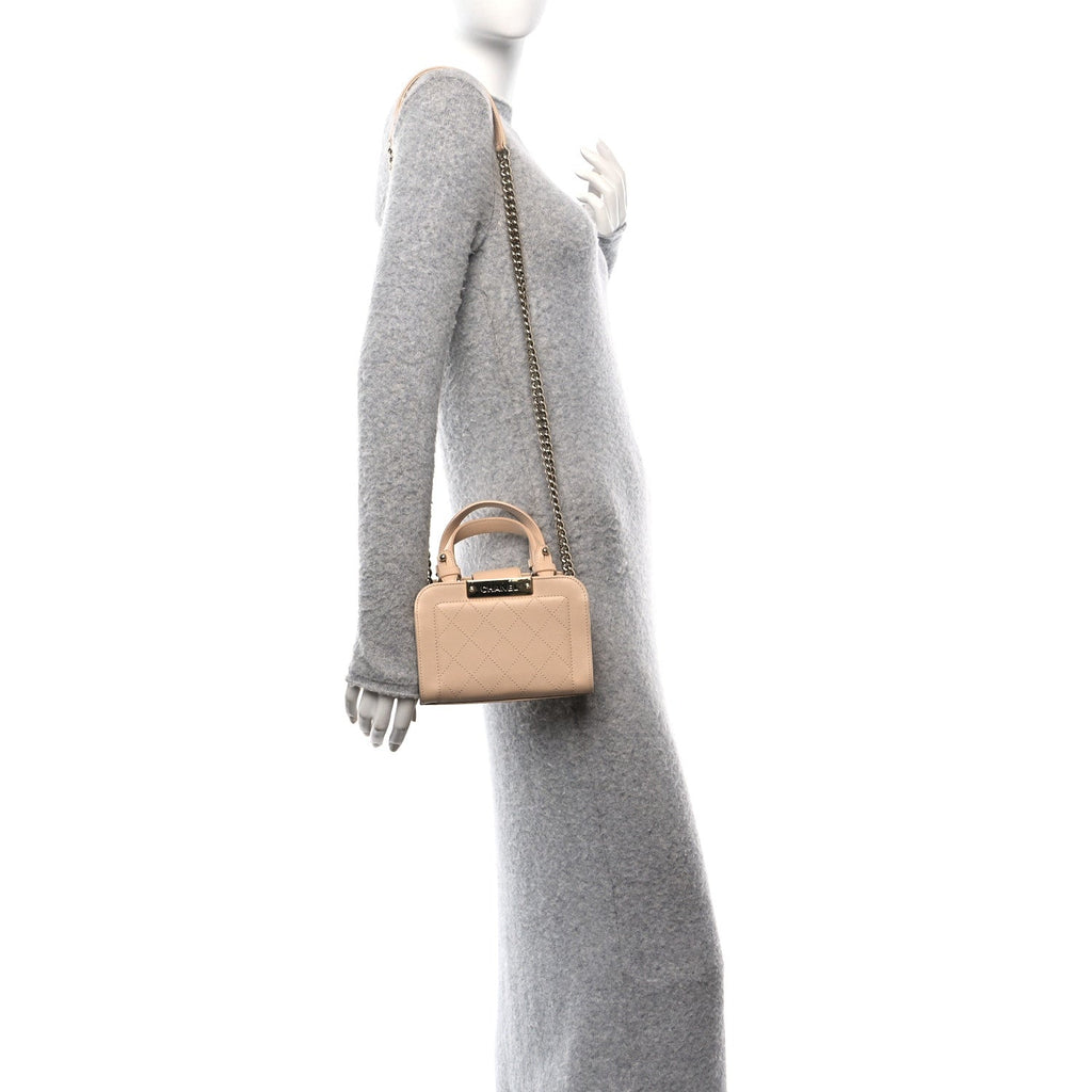 Grained Calfskin Stitched Mini Label  Shopper Tote Beige
