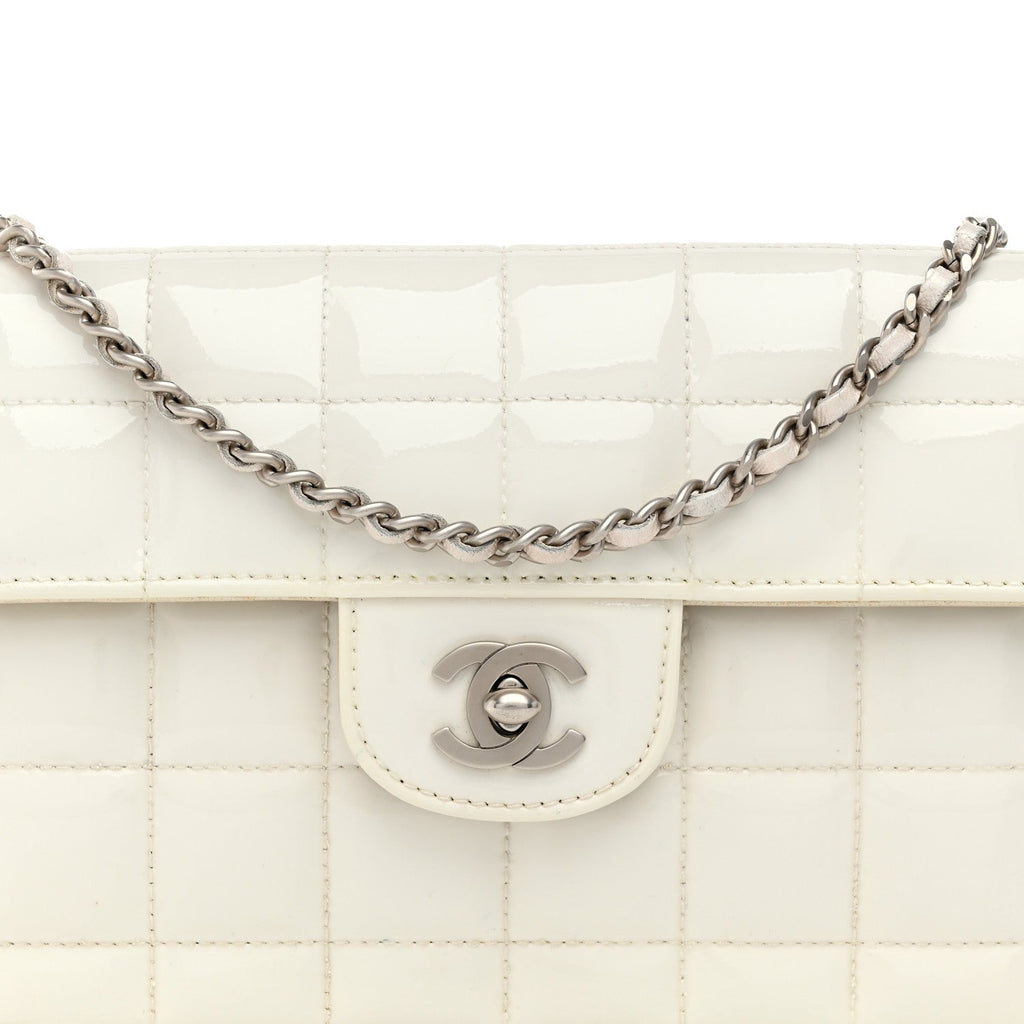 Patent Quilted East West Chocolate Bar Flap White