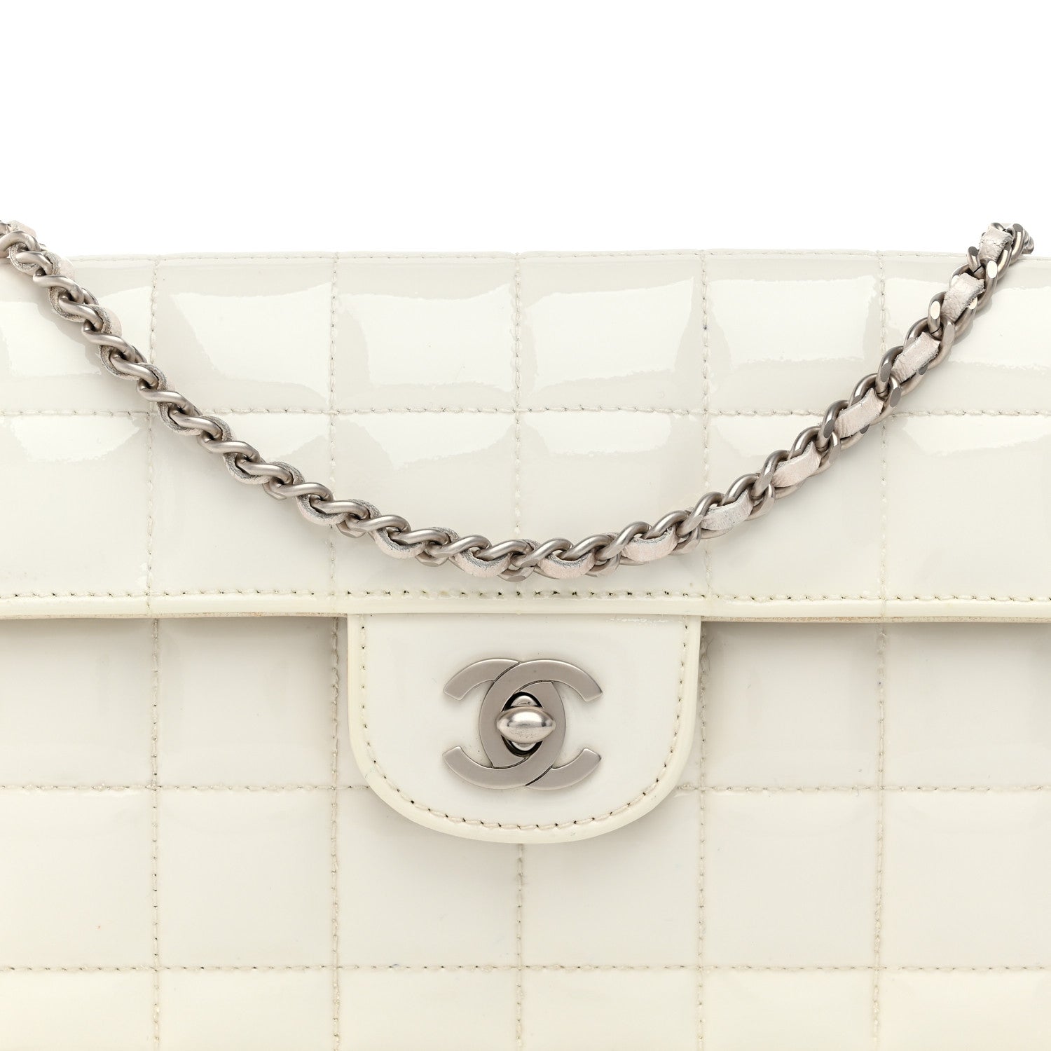 Patent Quilted East West Chocolate Bar Flap White