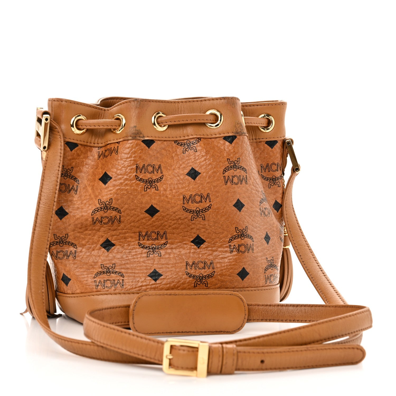Visetos Mini Drawstring Tassel Bucket Bag Cognac