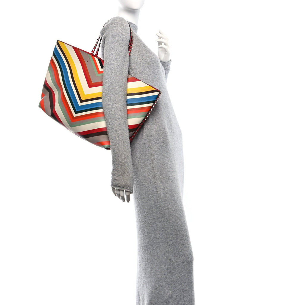 Calfskin Striped Large Rockstud Tote Red Multicolor