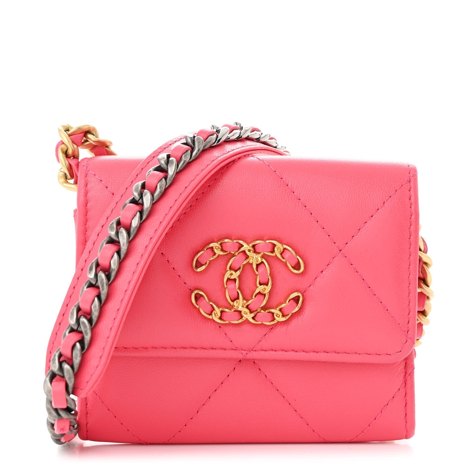 Lambskin Quilted Chanel 19 Flap Coin Purse With Chain Dark Pink