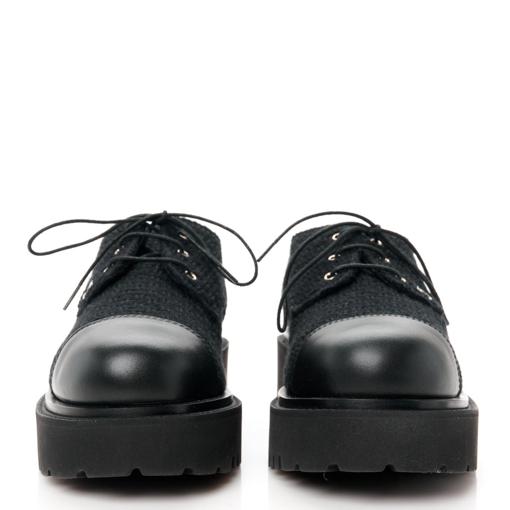 Wool Tweed Calfskin Lace-Up Loafers 38.5 Black
