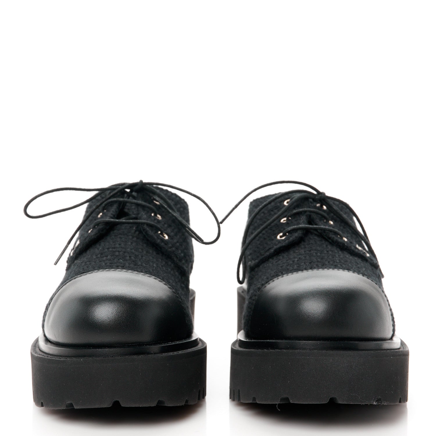 Wool Tweed Calfskin Lace-Up Loafers 38.5 Black