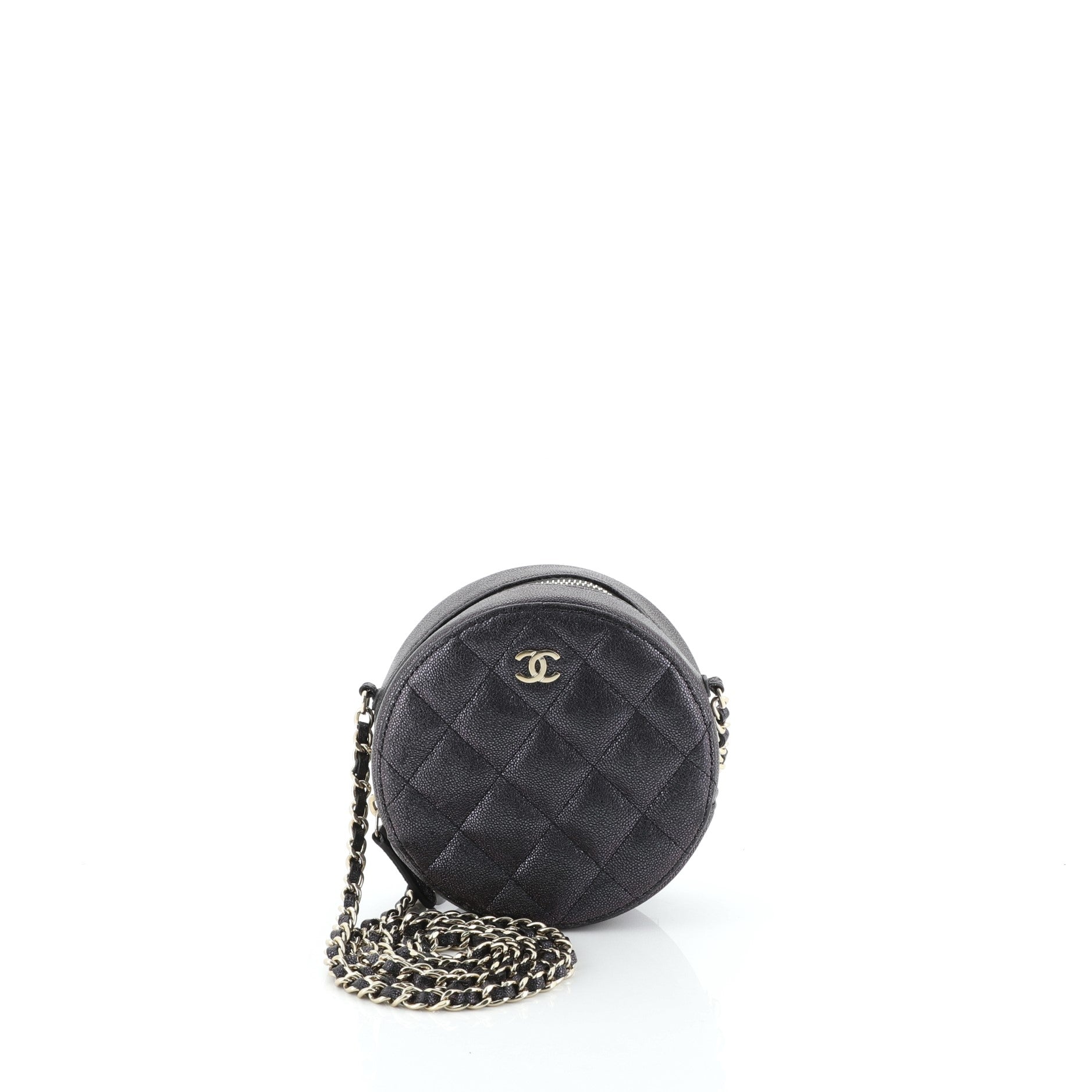 Round Clutch with Chain Quilted Caviar Mini