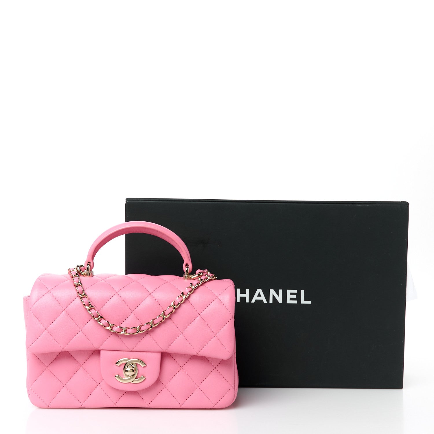 Lambskin Quilted Mini Top Handle Rectangular Flap Pink
