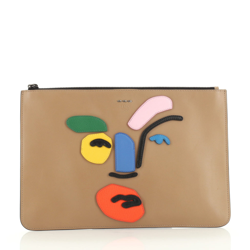 Abstract Face Clutch Leather with Applique