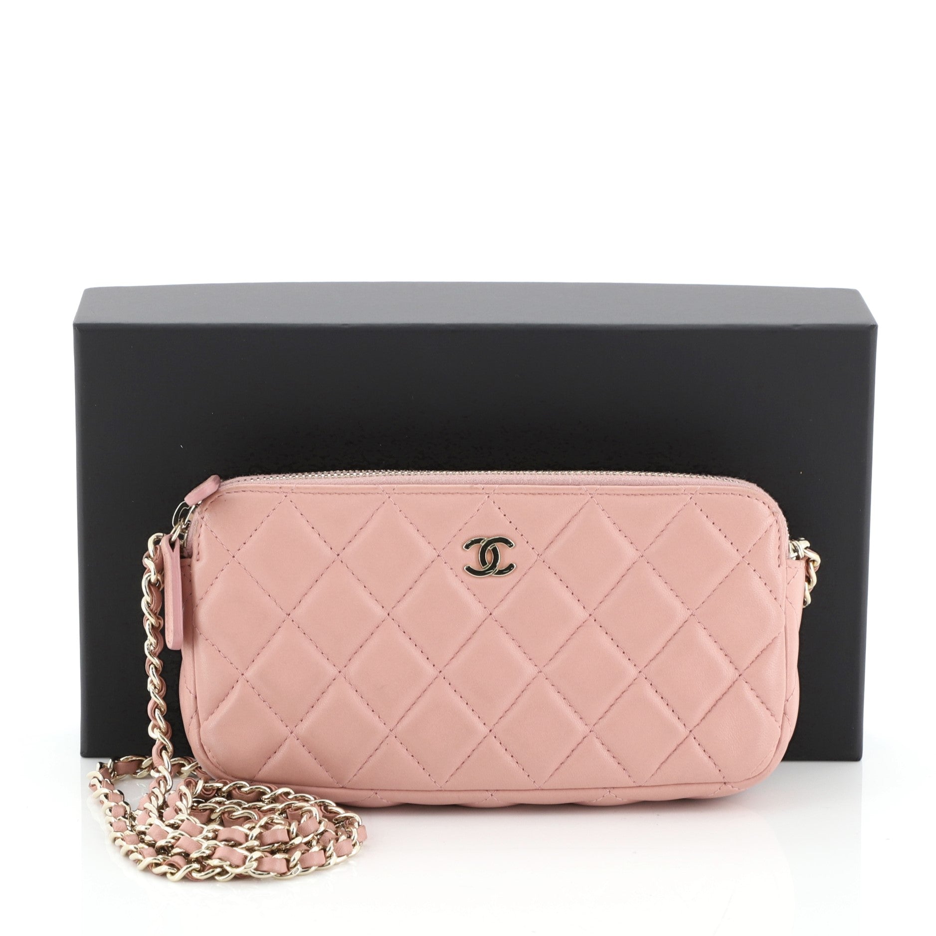 Double Zip Clutch with Chain Quilted Caviar