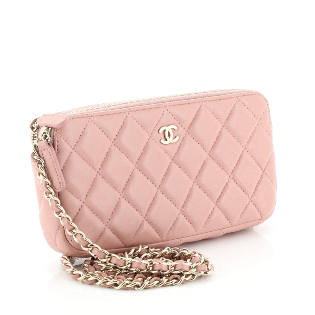Double Zip Clutch with Chain Quilted Caviar