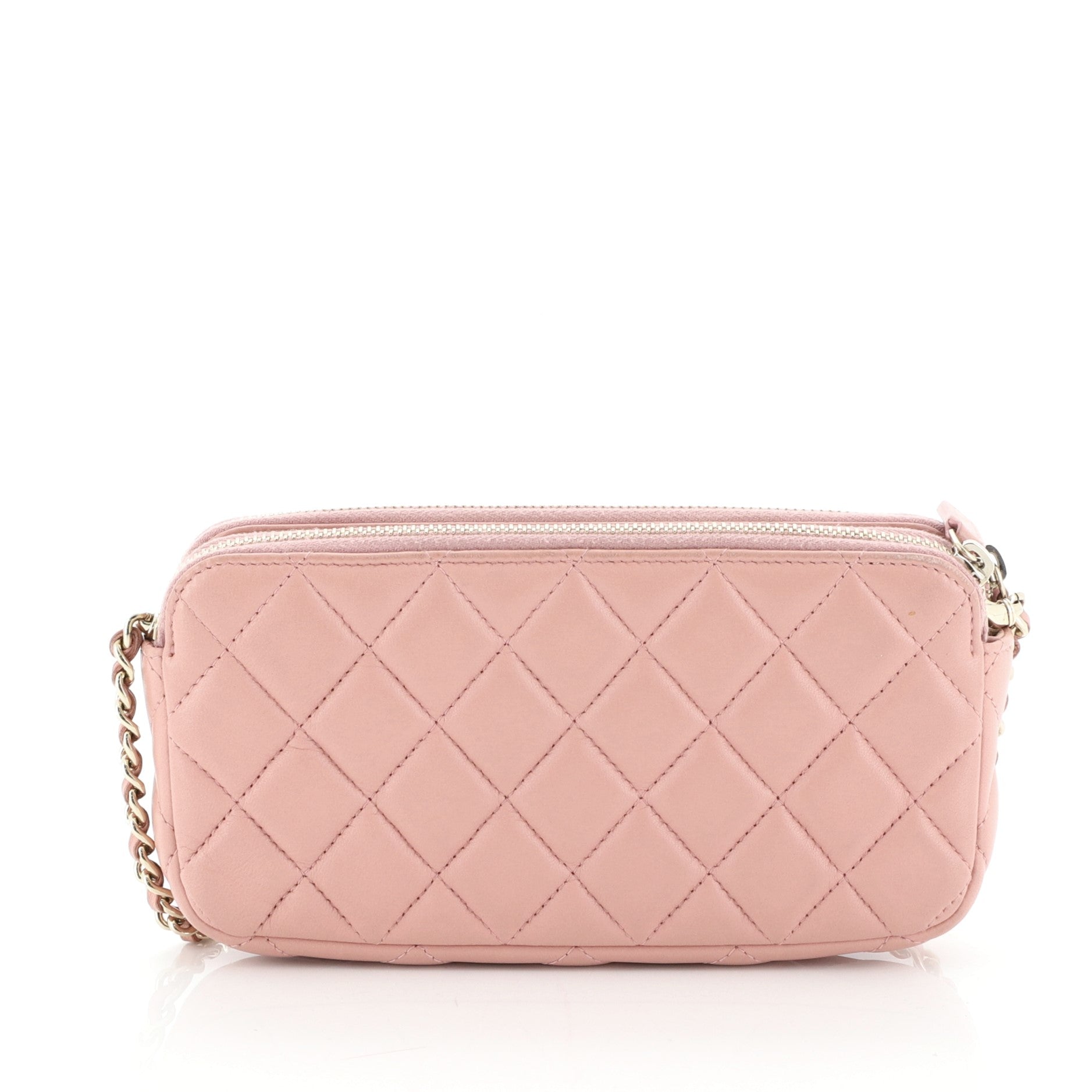 Double Zip Clutch with Chain Quilted Caviar