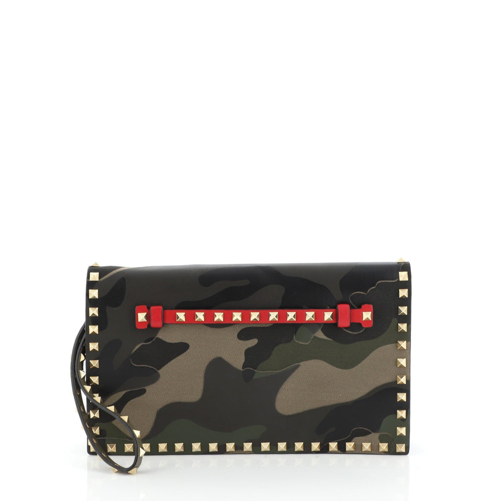 Rockstud Flap Clutch Camo Leather and Canvas