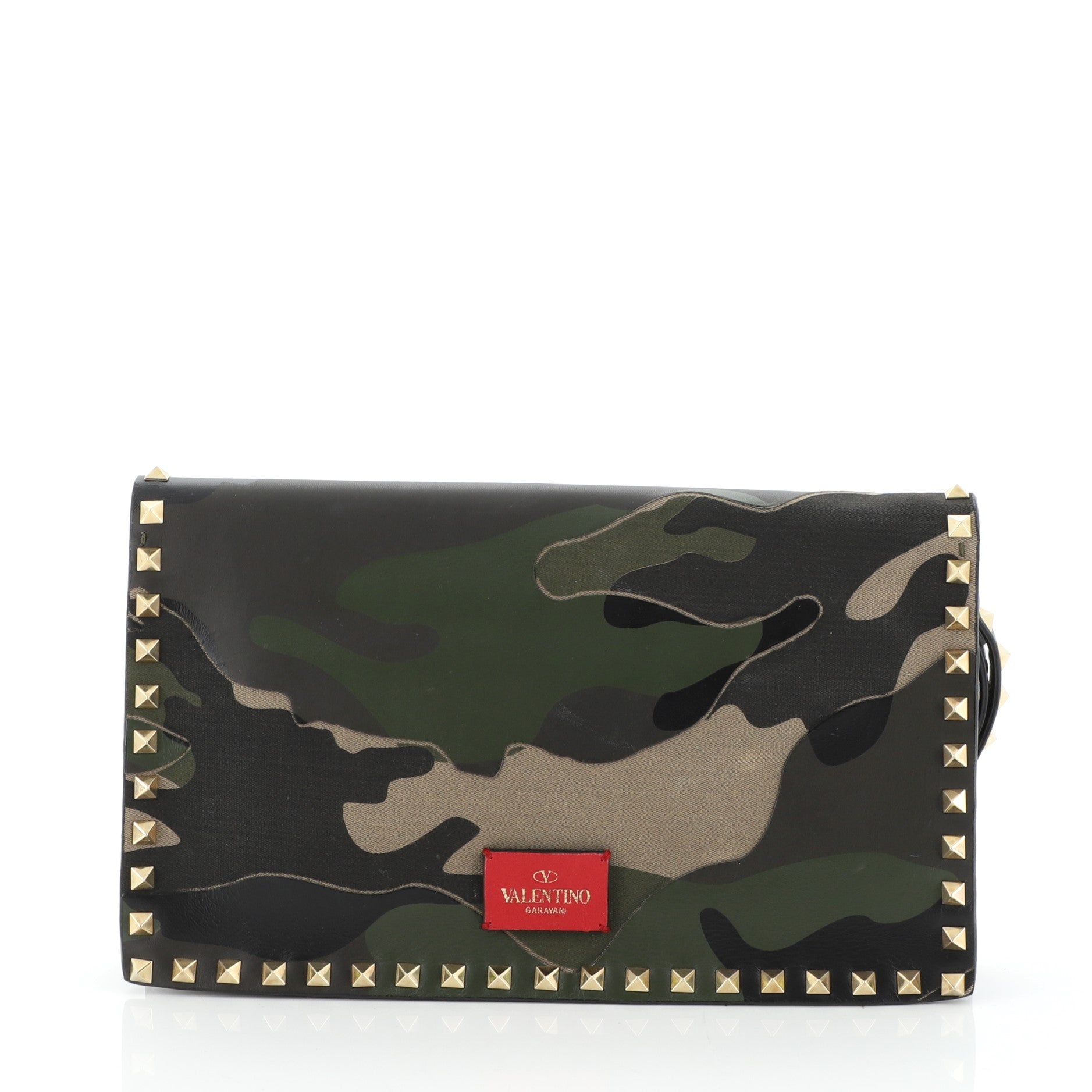 Rockstud Flap Clutch Camo Leather and Canvas