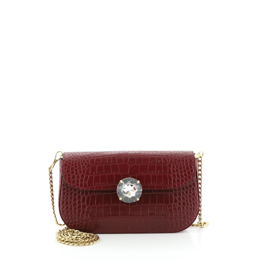 Solitaire Chain Clutch Crocodile Embossed Leather