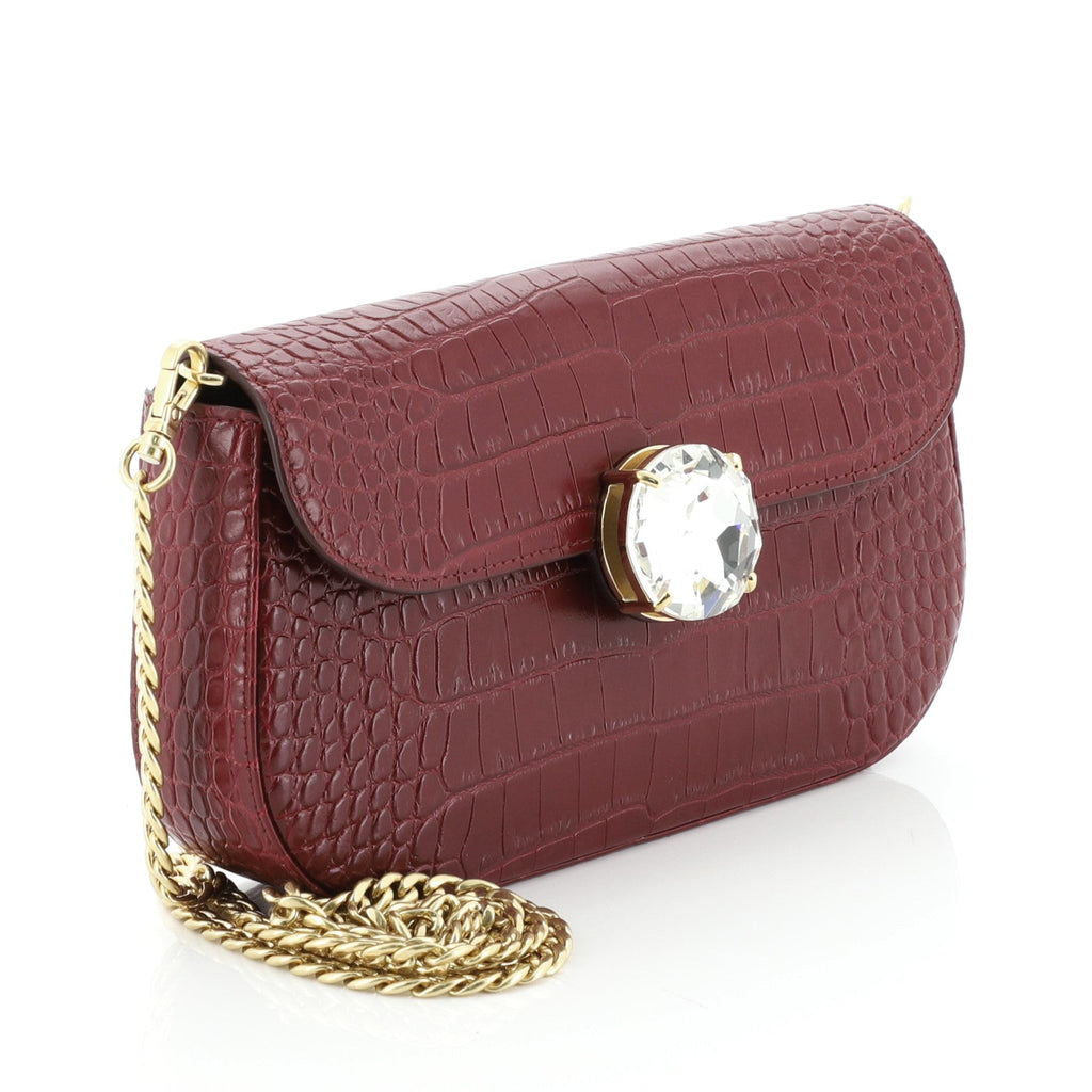 Solitaire Chain Clutch Crocodile Embossed Leather