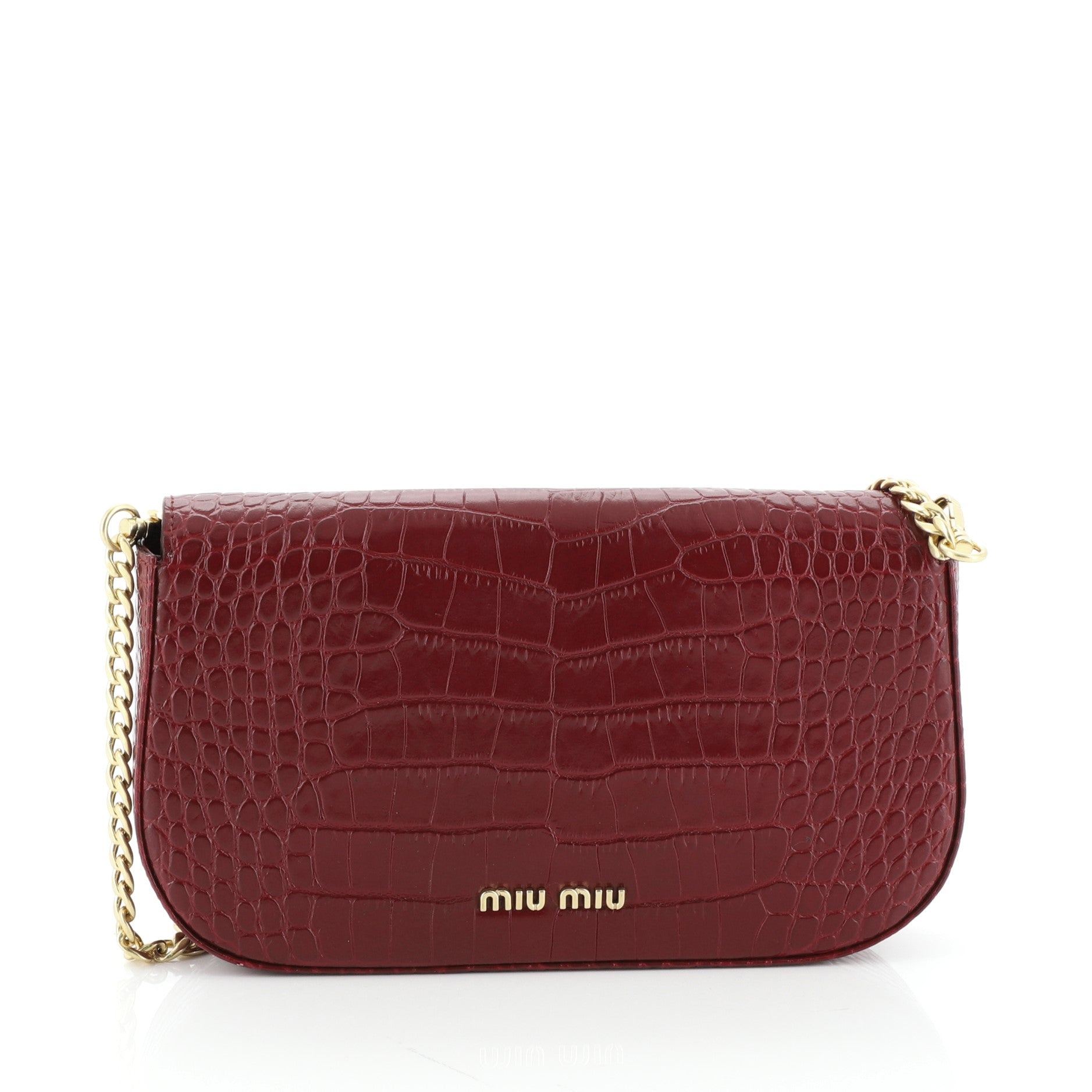 Solitaire Chain Clutch Crocodile Embossed Leather