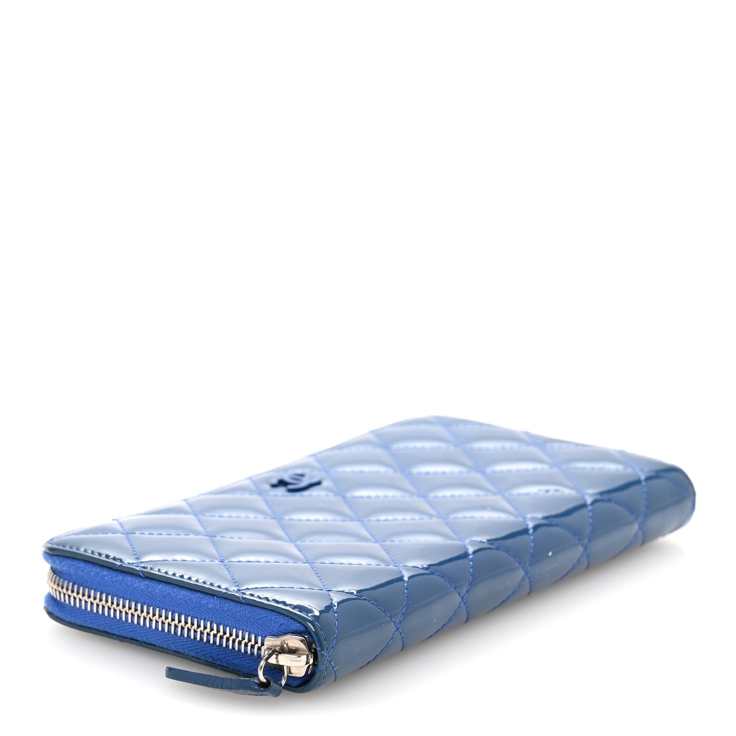 Patent Calfskin Quilted Large Gusset Zip Around Wallet Blue