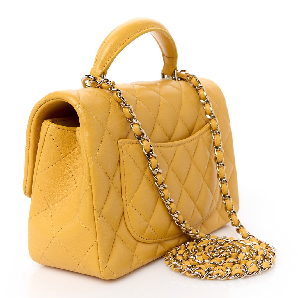 Lambskin Quilted Mini Top Handle Rectangular Flap Yellow