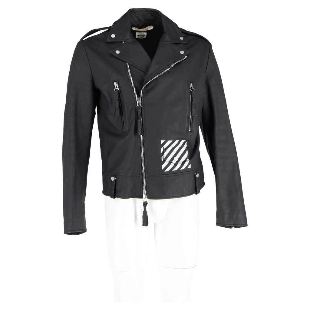 Off-White Diagonal Stripe Biker Jacket in Black Leather