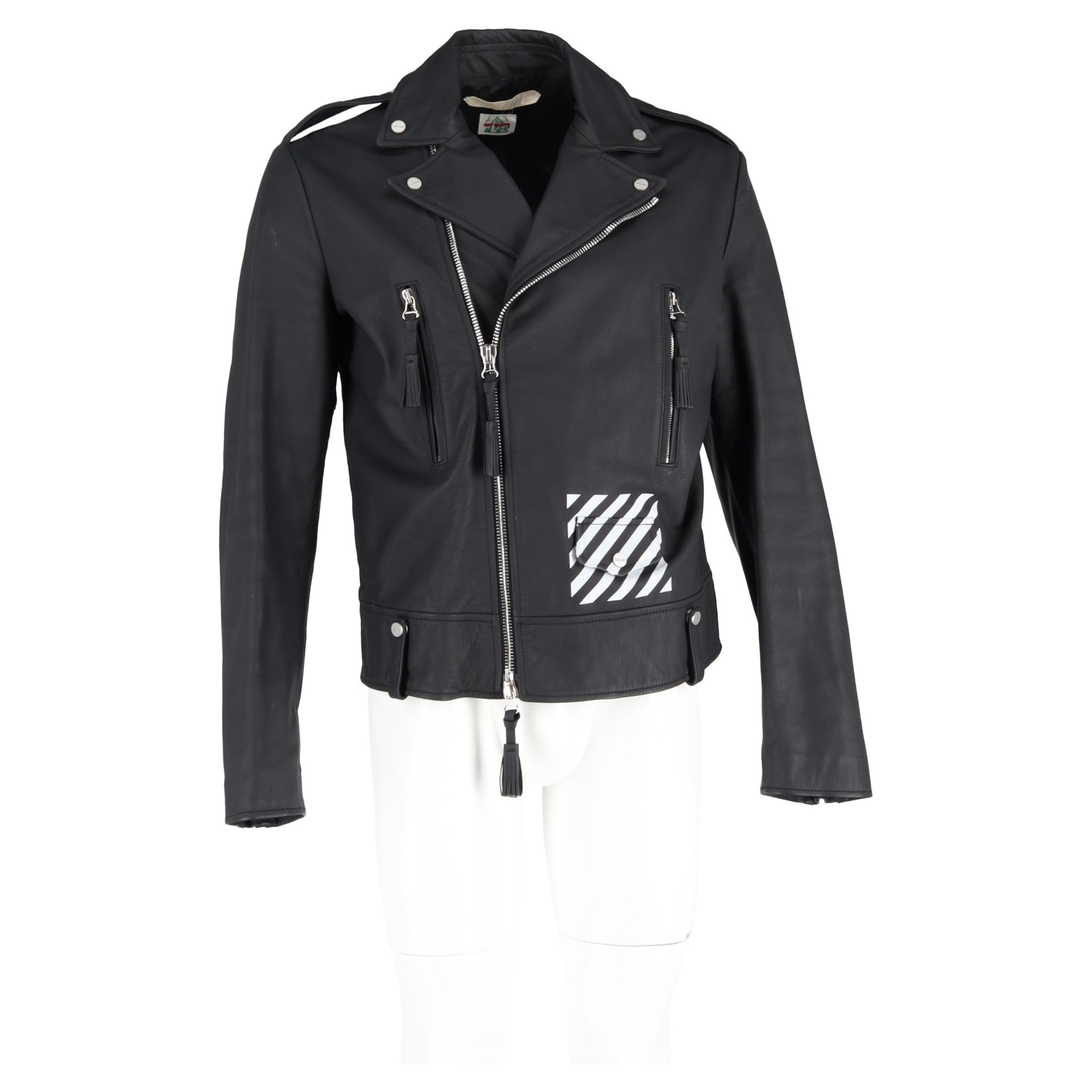 Off-White Diagonal Stripe Biker Jacket in Black Leather